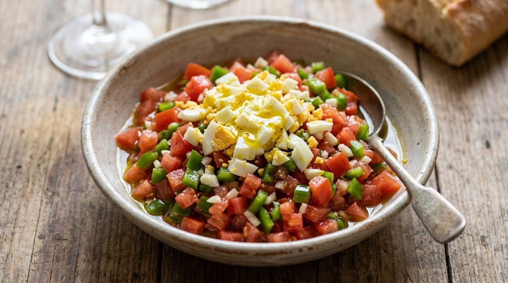 Pipirrana de Jaén servie dans un bol en céramique avec tomates, poivron, œuf dur et huile d'olive vierge extra